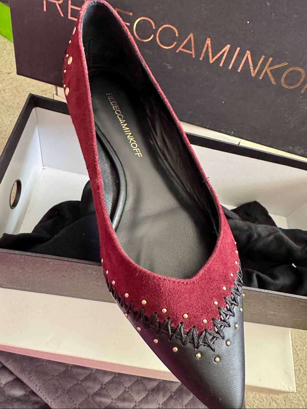 Rebecca Minkoff Wine and Black Pointed Suede Leather Flat